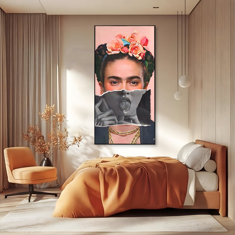 Tablou canvas cu tablou canvas cu portret collage, in rama de aluminiu negru, pe perete intr-un dormitor